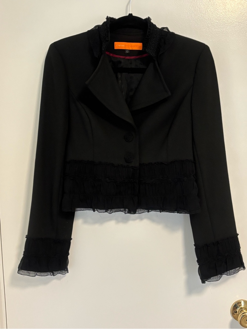 Cynthia Steffe Black Ruffle Hem Cropped Moto Jacket